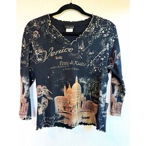 Impulse California Y2K Venice Italy Graphic Top Womens S 3/4 Sleeve Made in USA